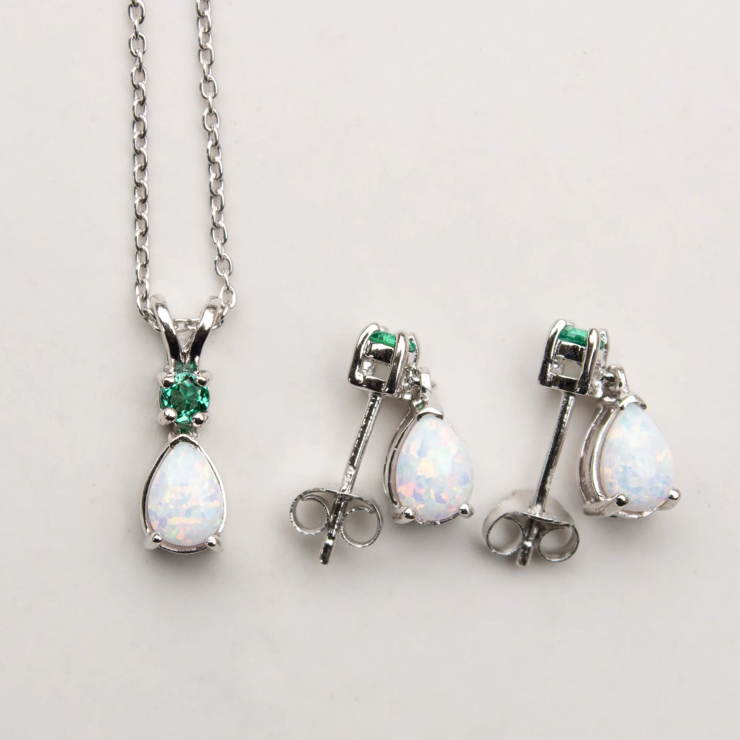 Jewelry Set for Women, Natural Pear Shaped 7X5Mm Emerald and 3Mm Natural White Topaz Pendant Necklace and Matching Pear Shaped Emerald and White Topaz Stud Earrings