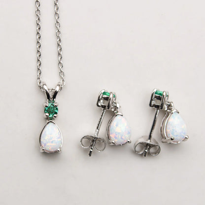 Jewelry Set for Women, Natural Pear Shaped 7X5Mm Emerald and 3Mm Natural White Topaz Pendant Necklace and Matching Pear Shaped Emerald and White Topaz Stud Earrings