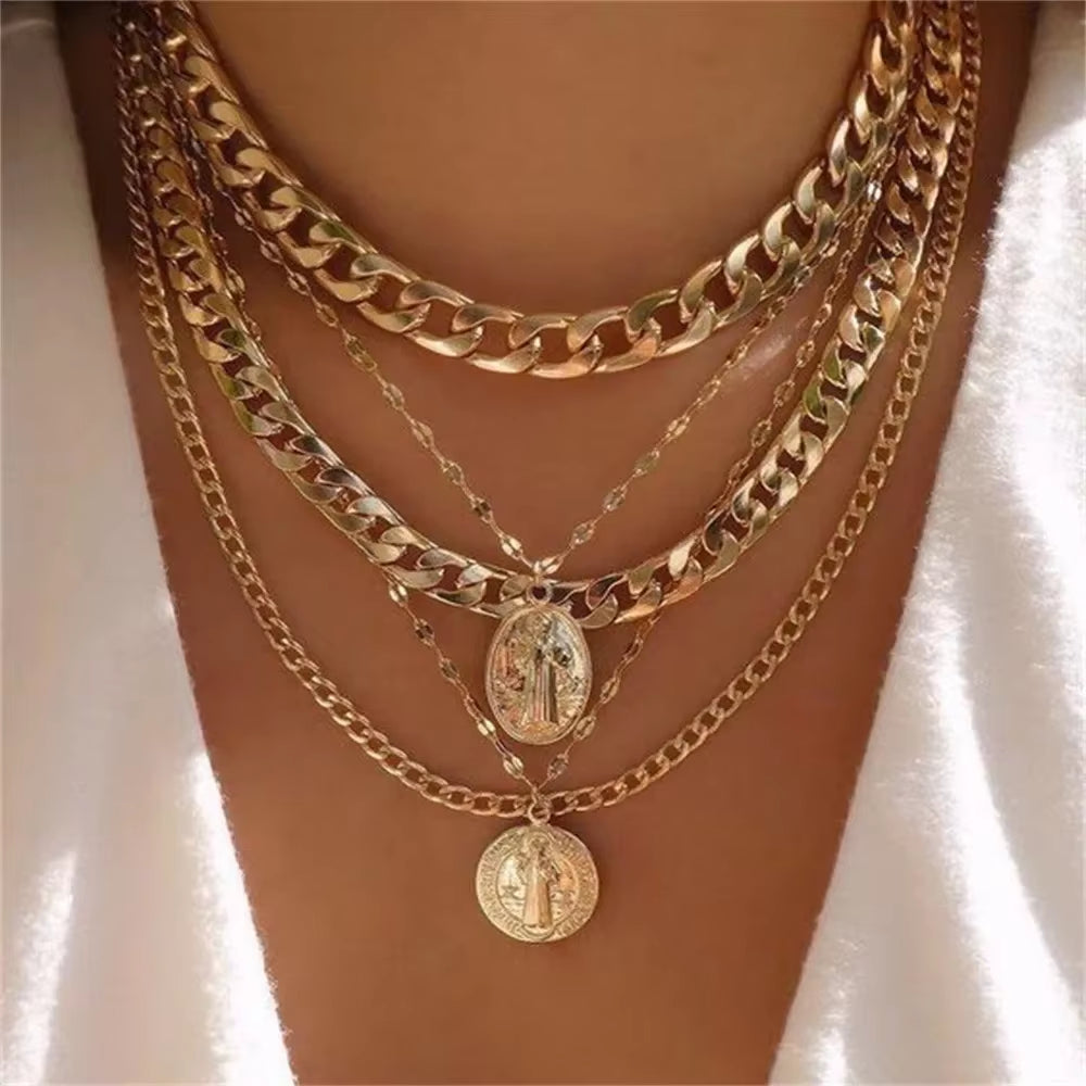 Vintage Punk Gold-plate Thick Chain Head Portrait Coin Pendant Necklace For Women