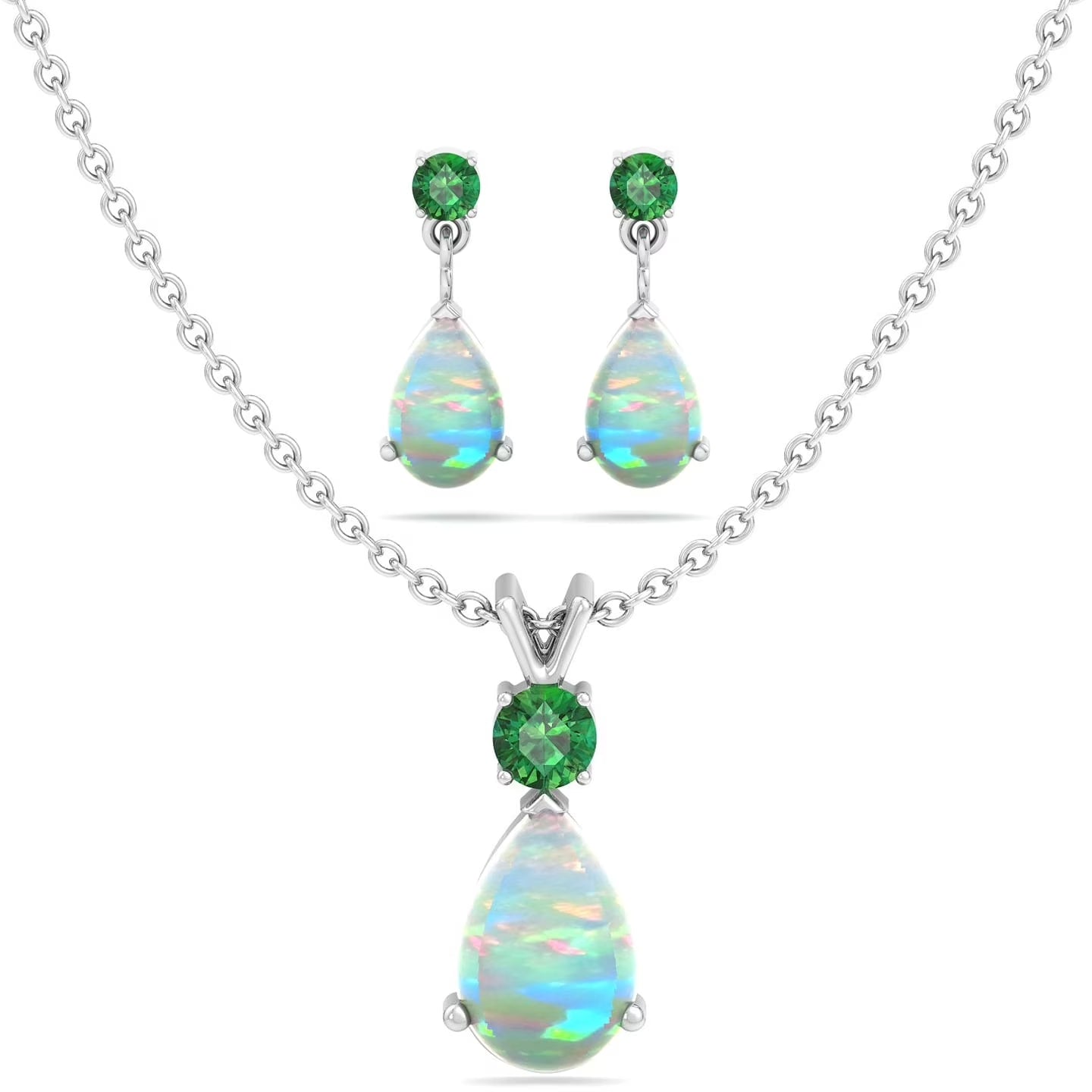 Jewelry Set for Women, Natural Pear Shaped 7X5Mm Emerald and 3Mm Natural White Topaz Pendant Necklace and Matching Pear Shaped Emerald and White Topaz Stud Earrings