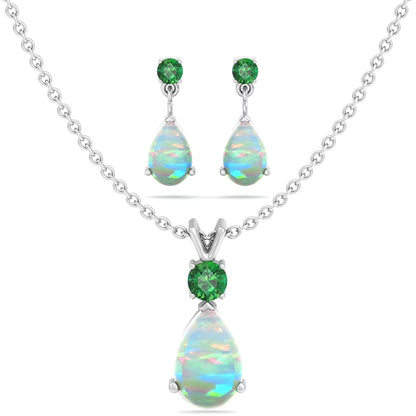Jewelry Set for Women, Natural Pear Shaped 7X5Mm Emerald and 3Mm Natural White Topaz Pendant Necklace and Matching Pear Shaped Emerald and White Topaz Stud Earrings