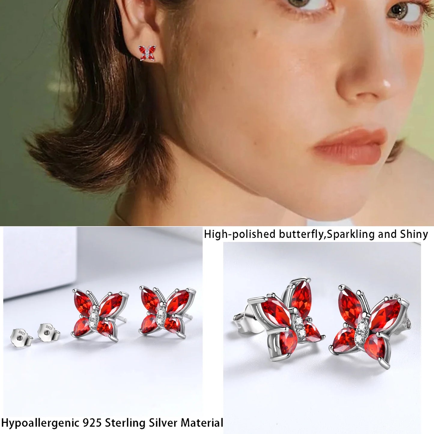 January Birthstone Jewelry Set Red Butterfly Garnet Fine Necklace/Earrings/Ring/Bracelet Sterling Silver Women Xmas Birthday Mother'S Day Gifts