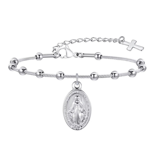 Rosary Bracelet for Women Girls, Gold Plated Stainless Steel Religious Cross and Virgin Mary Prayer Bracelets Gifts